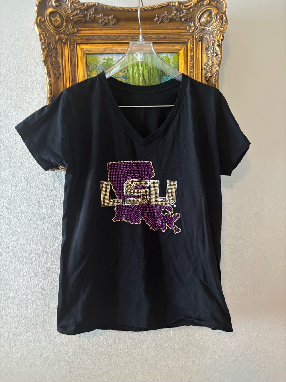 LSU Rhinestone V-Neck T-Shirt